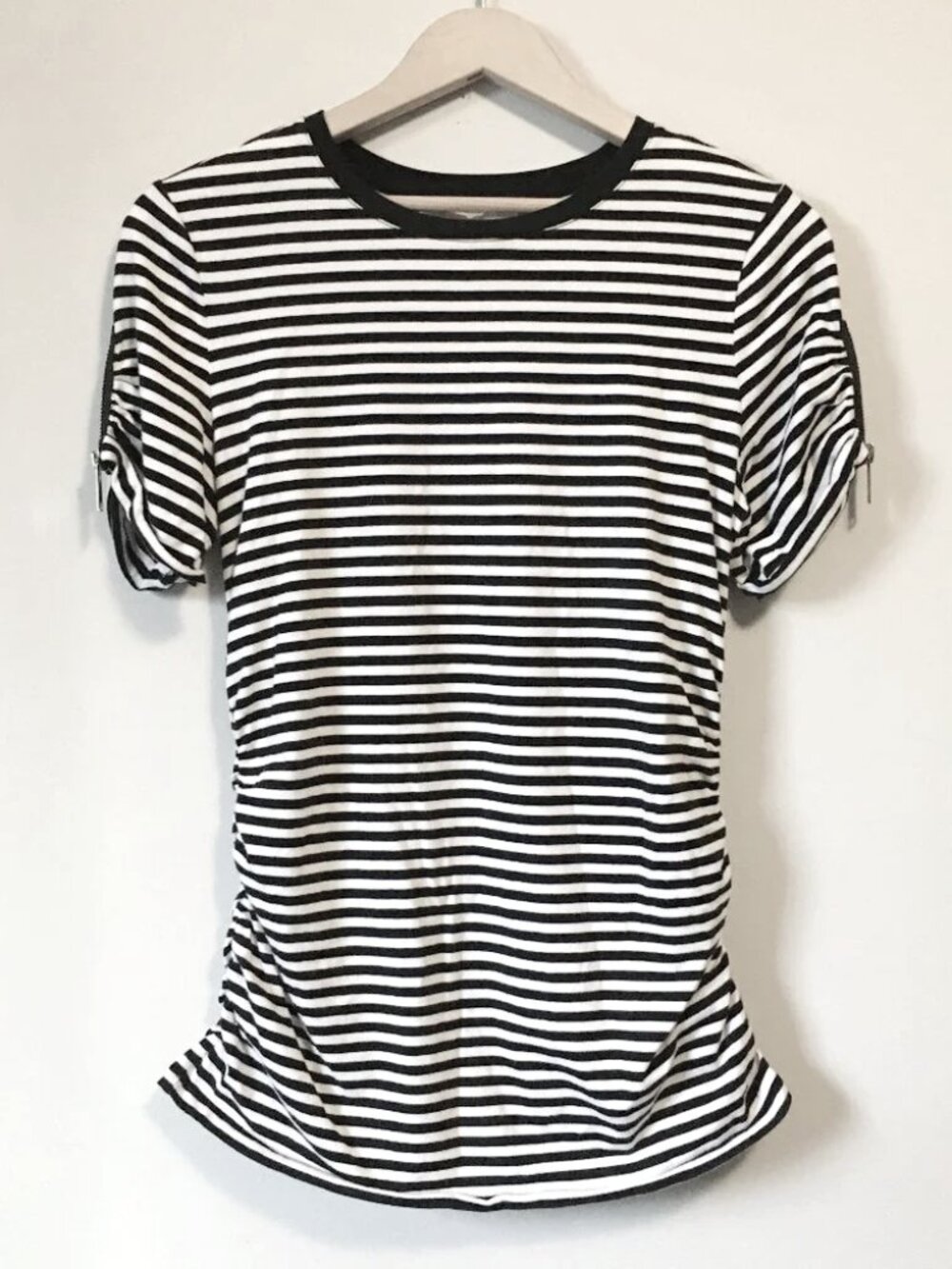 Michael Kors B&W Stripe Zipper Sleeve Top Ruched Cotton Tee S Indie Sleeze